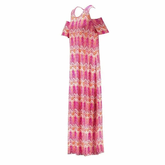 NWT DESIGN HISTORY WOMEN'S COLD-SHOULDER PINK MAGIC CHEVRON MAXI DRESS - Picture 4 of 4